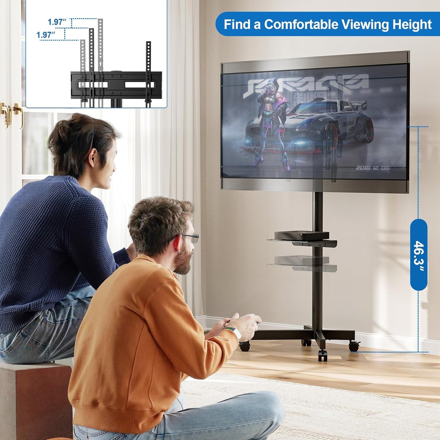 Mobile TV Stand for 23-65 Inch LCD LED Flat/Curved Panel Screen Tvs, Height Adjustable Rolling Floor TV Cart with Tilt Mount and Shelf, Portable Stand Holds up to 110 Lbs, Max VESA 400X400Mm