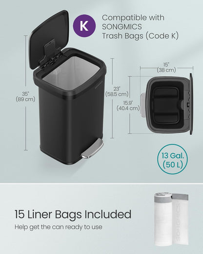 Kitchen Trash Can, 13 Gallon (50 L) Stainless Steel Garbage Can, with Stay-Open Lid and Step-On Pedal, Soft Closure, Tall, Large and Space-Saving, Black ULTB530B50