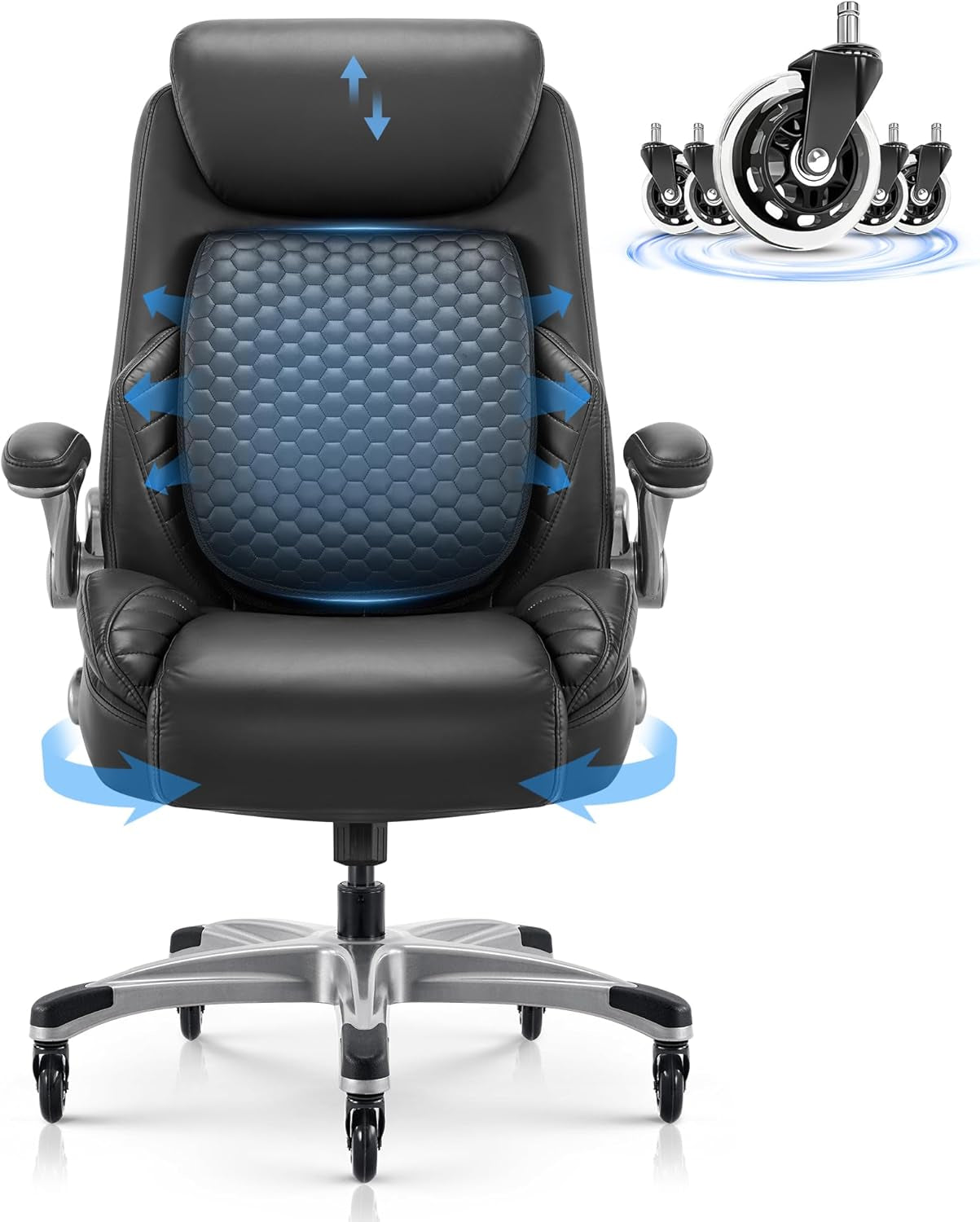 Office Ergonomic Desk High Back Executive Chair with Pop-Out Lumbar Support, Upgraded Casters, Adjustable Headrest, Flip-Up Arms, Leather Home with Thick Cushion for Comfort - Black