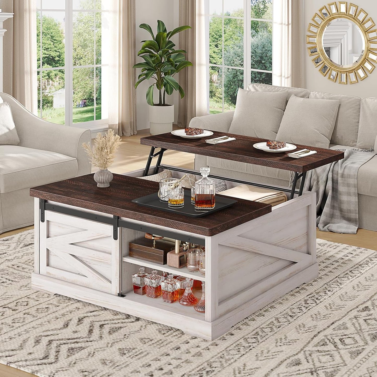 39.4'' Lift Top Coffee Table with Storage, Farmhouse Coffee Tables for Living Room, Square Coffee Table with Large Hidden Compartment & 2 Drawers & Adjustable Shelves, White