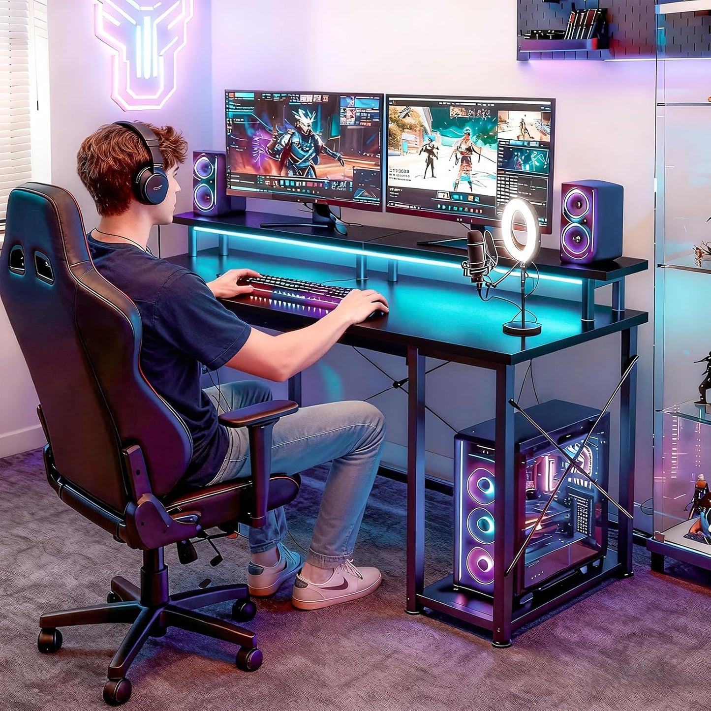 48 Inch Gaming Desk with LED Lights & Power Outlets, Computer Desk with Monitor Stand & Storage Shelves, CPU Stand, Home Office Desk, Black