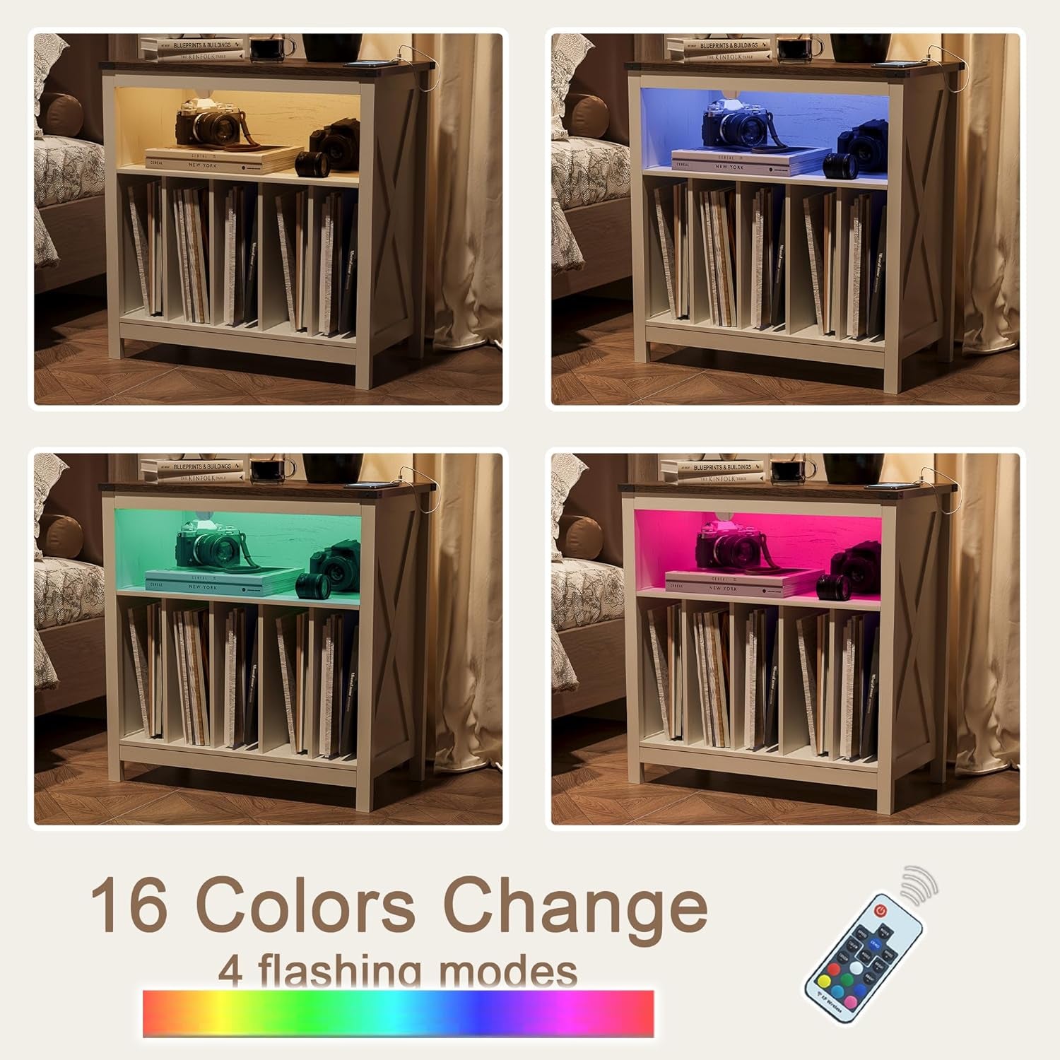 Large Record Player Stand with Charging Station & LED Light, Vinyl Record Holder Hold up to 300 Albums, Farmhouse End Table for Bedroom, Living Room, Antique White