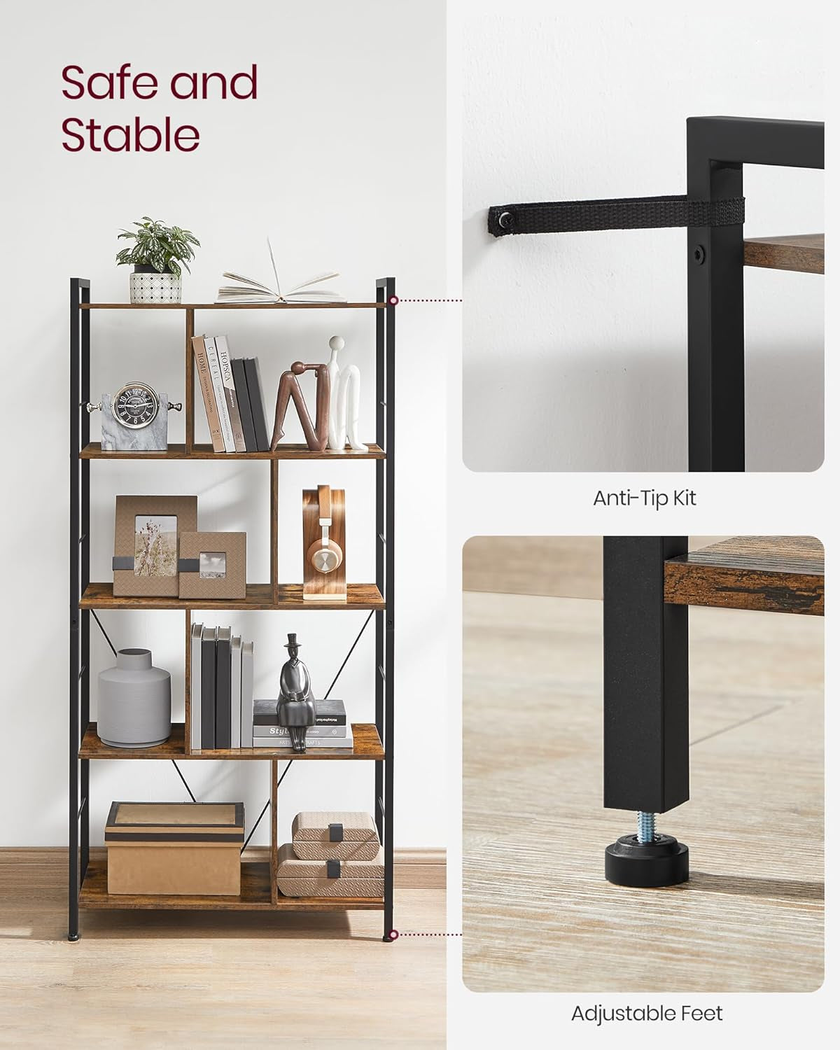 DAINTREE Bookshelf, Kitchen Shelf, Free Standing Shelf, Ladder Rack with 4 Open Shelves, for Kitchen, Office, Stable Steel Frame