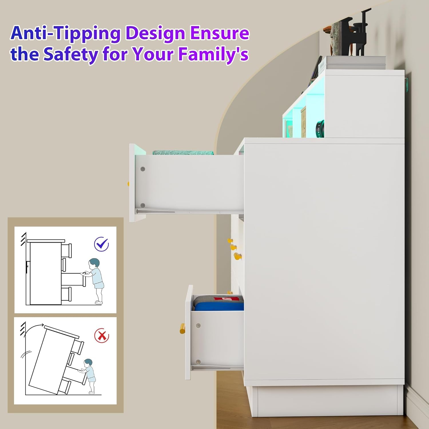 White 9 Drawer Dressers for Bedroom, Modern Large Dresser with LED Light and Power Outlet, Wooden Long Dresser for Bedroom, Entryway, Hallway