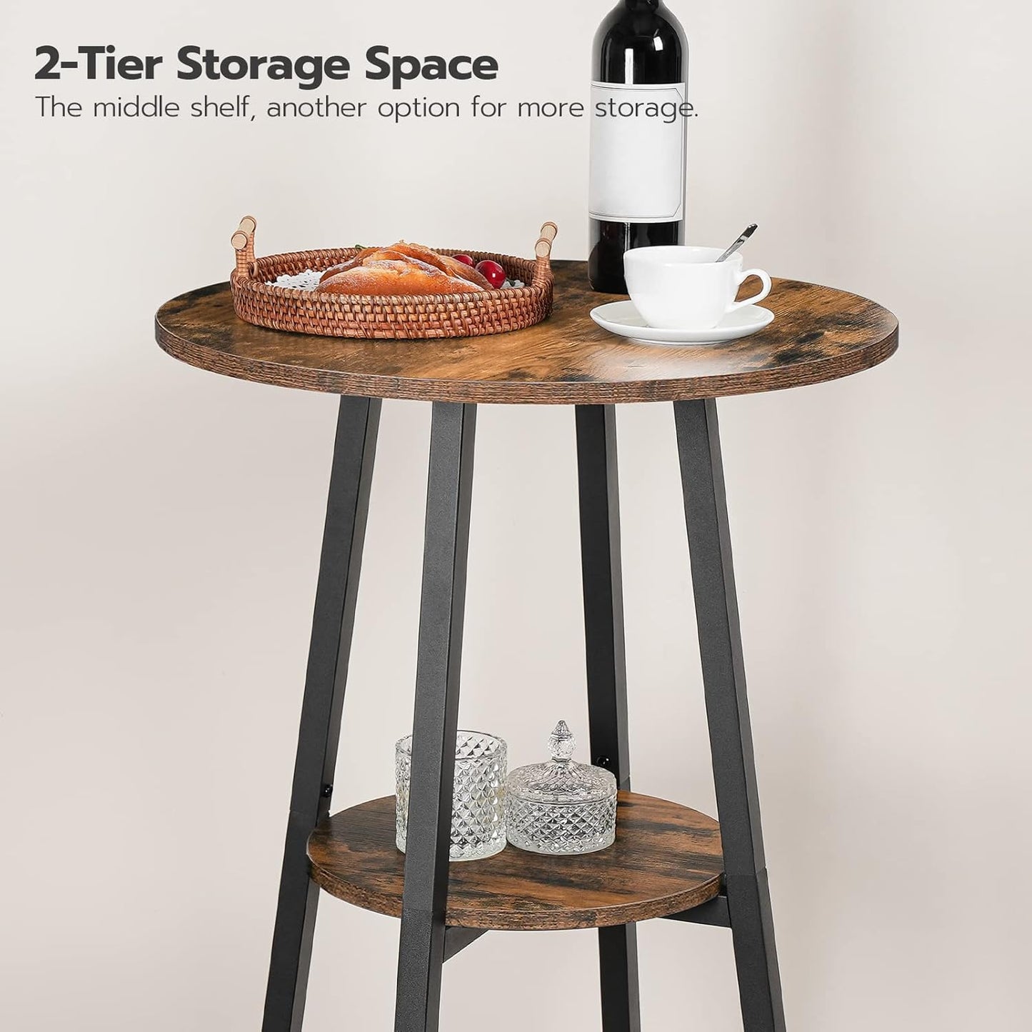 3 Pieces round Bar Height Table and Chairs Set, round Dining Table Set, Pub Table and Chairs for Small Space, 2 Tier Kitchen Table and Bar Stools with Back, Rustic Brown BF35BT01