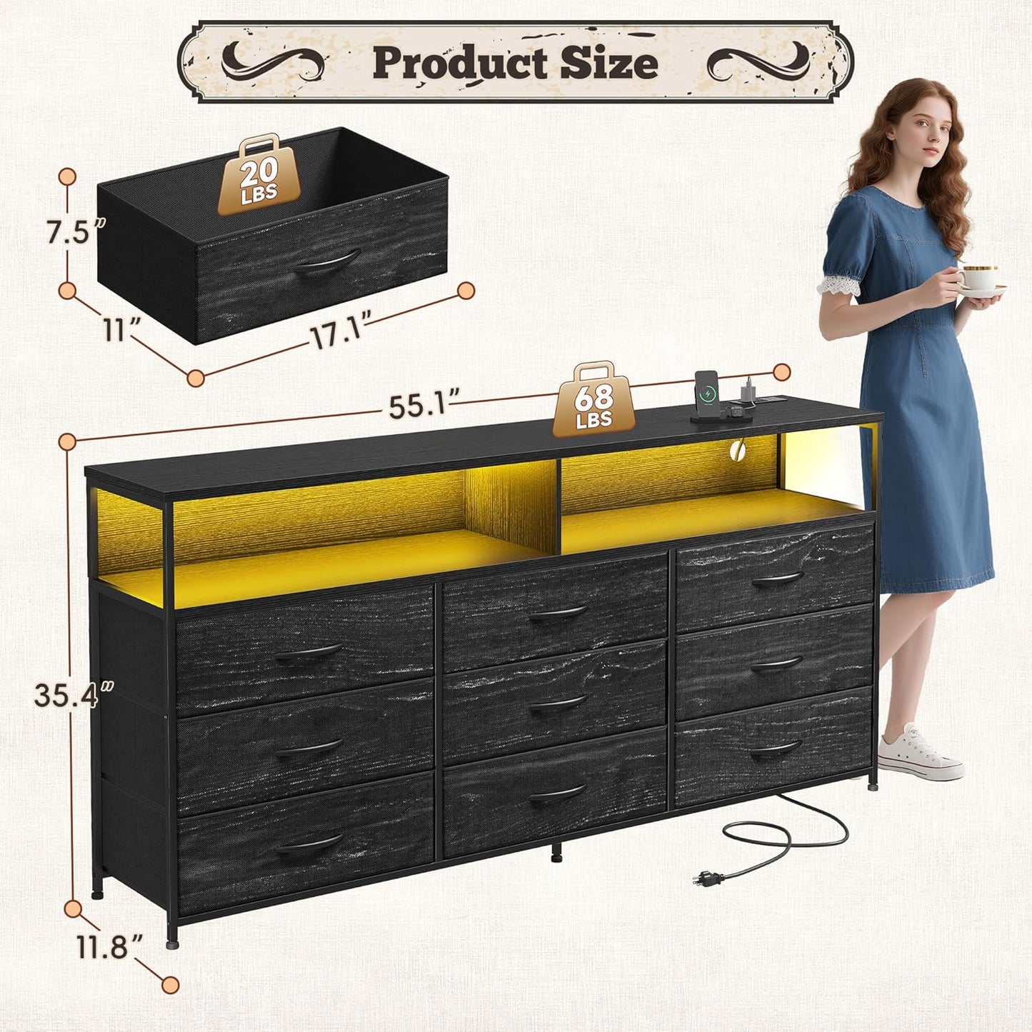 55" W Dresser for Bedroom with 9 Drawers, LED TV Stand with Power Outlets for 45, 55, 65 Inch TV, Sturdy Long Chest of Drawers with Extra 2 Wooden Shelves, Grain Black