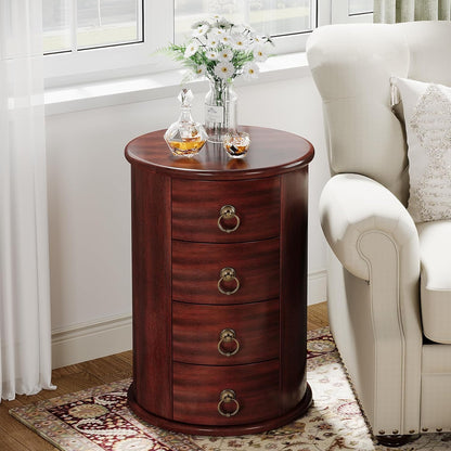 Solid Wood End Table Set of 2, round Side Table with 4 Drawers, Vintage Bedside Table Nightstand for Small Spaces, Living Room, Bedroom, No Assembly Required (2, Cherry Brown)