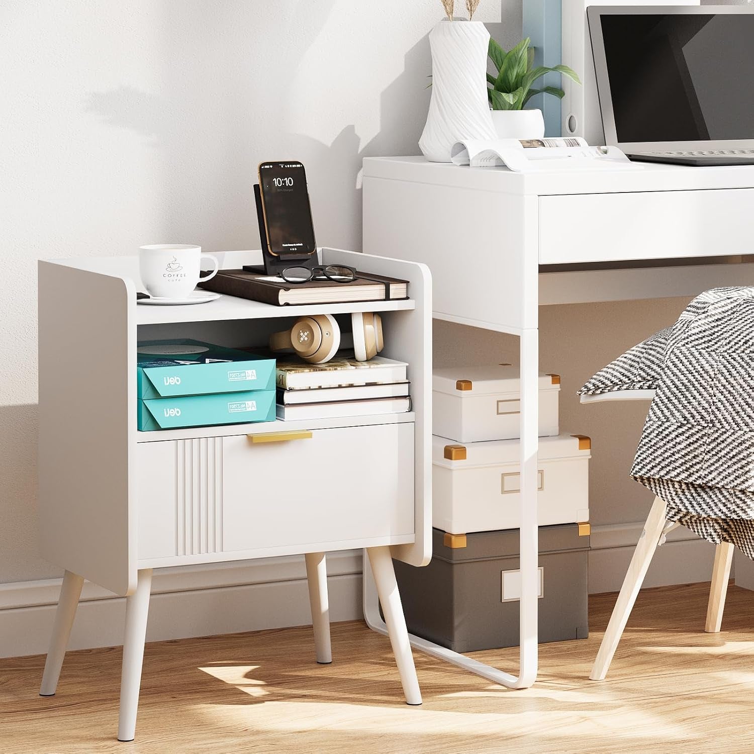 Night Stand Modern End Table with Storage Drawer and Open Shelf, Small Bedside Table, Wooden Sofa Side Stand for Bedroom,Study Room and Small Spaces (White)