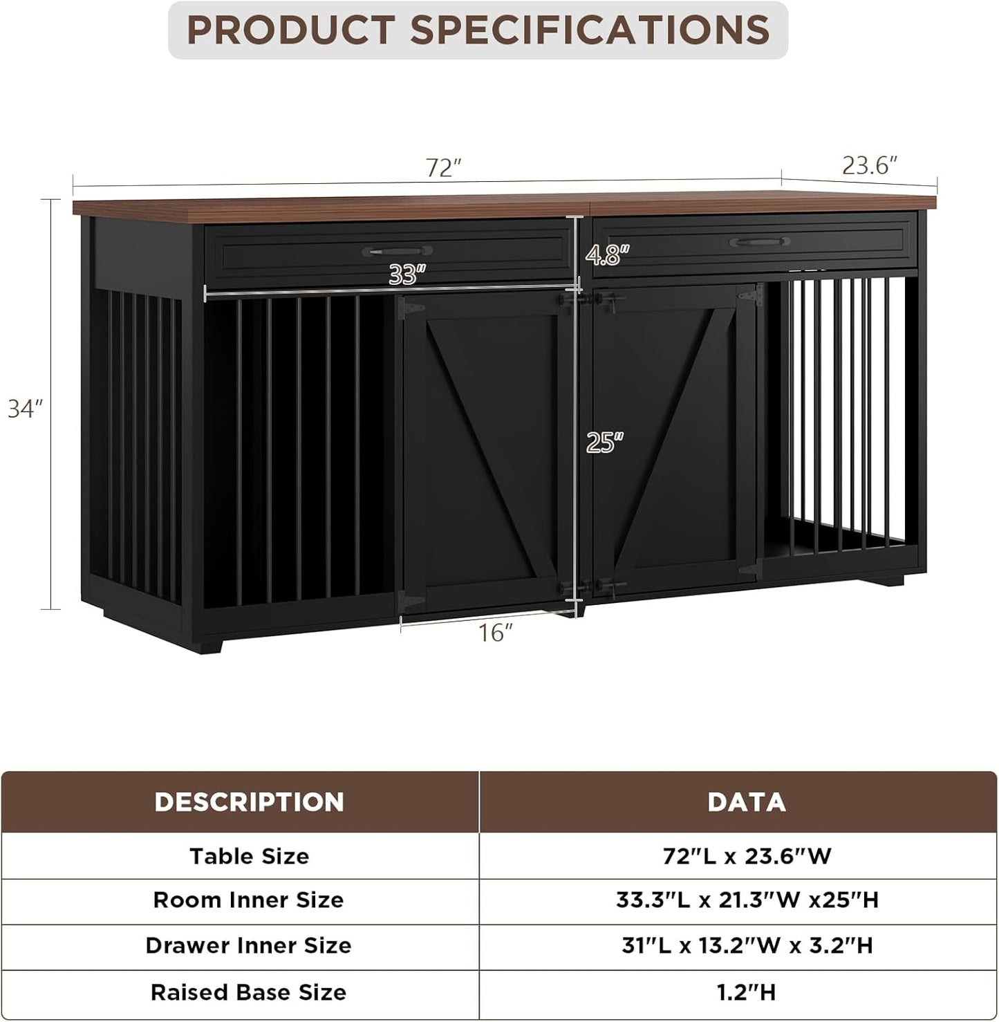Furniture Style Dog Crate - Indoor Wooden Dog Kennel Furniture with 2 Drawers & Room Divider - 72" L X 23.6" W X 34" H - Black