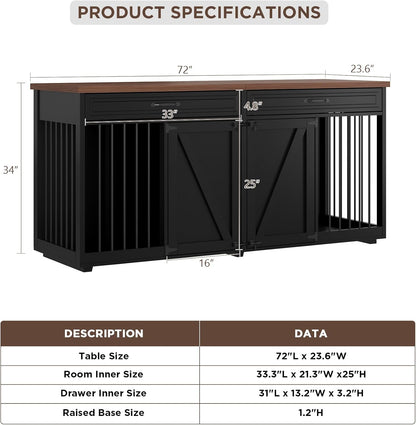 Furniture Style Dog Crate - Indoor Wooden Dog Kennel Furniture with 2 Drawers & Room Divider - 72" L X 23.6" W X 34" H - Black