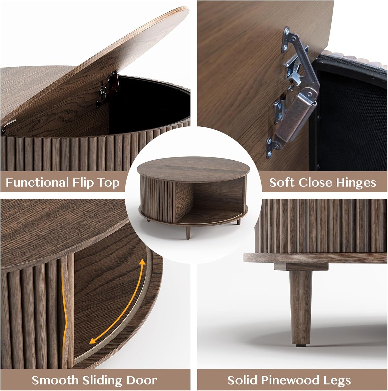Round Coffee Table with Storage,Fluted Center Table with Sliding Cabinet Door for Living Room,Home Small Space,31.5" Small Center Table,Walnut
