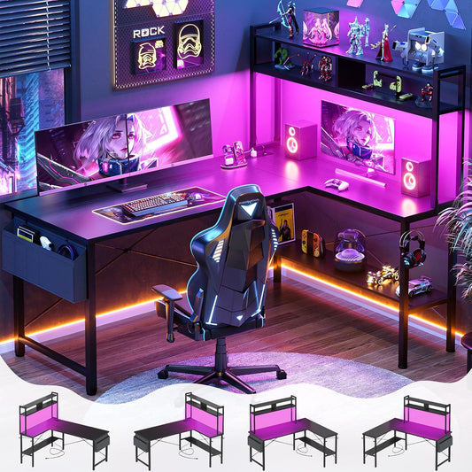 L Shaped Desk Gaming Desk, 59" L Shaped Computer Desk with LED Light & Power Outlet, Reversible Home Office Desk Gamer Desks with Shelves & Storage Bag & Hooks, Corner PC Desk, Black