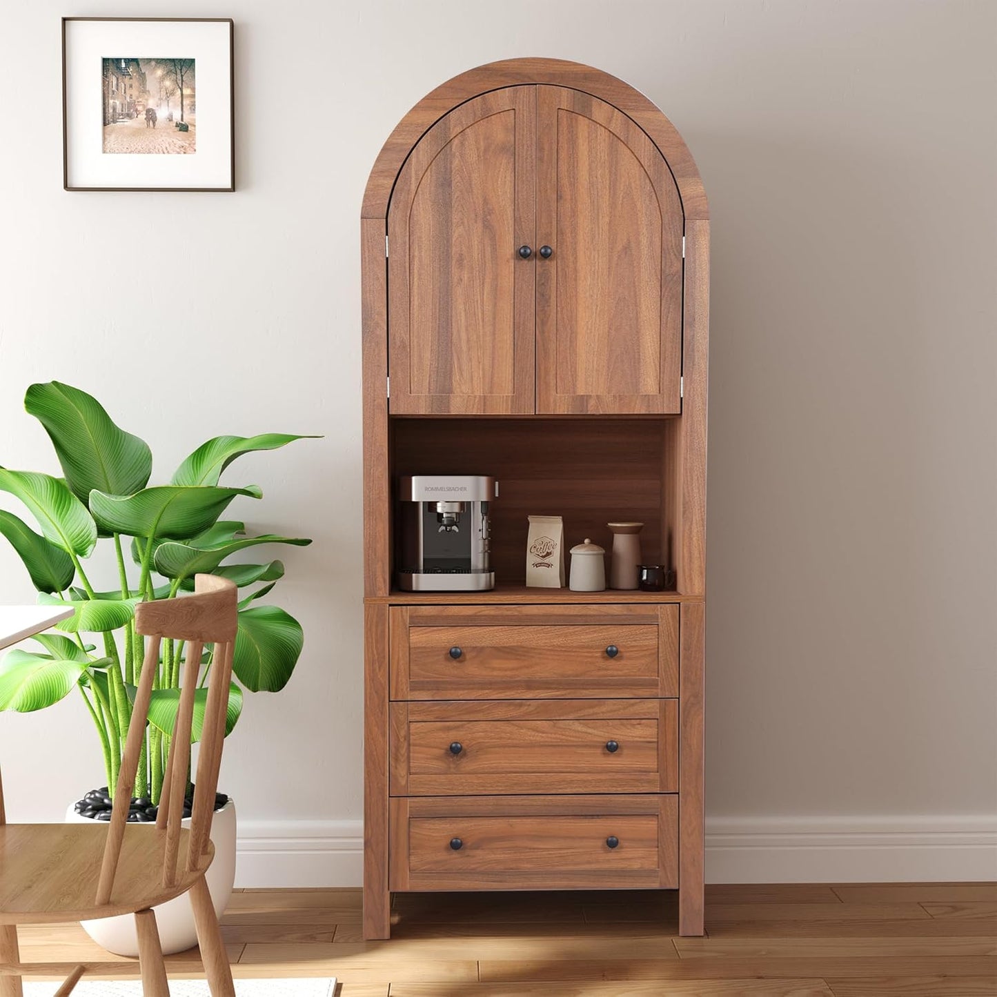 71" Tall Arched Kitchen Pantry Cabinet with Microwave Shelf,Modern Farmhouse Hutch Cabinet with Drawers & Door,Arched Storage Sideboard Cabinets (Walnut, 13.78" D X 27.56" W X 70.87" H)