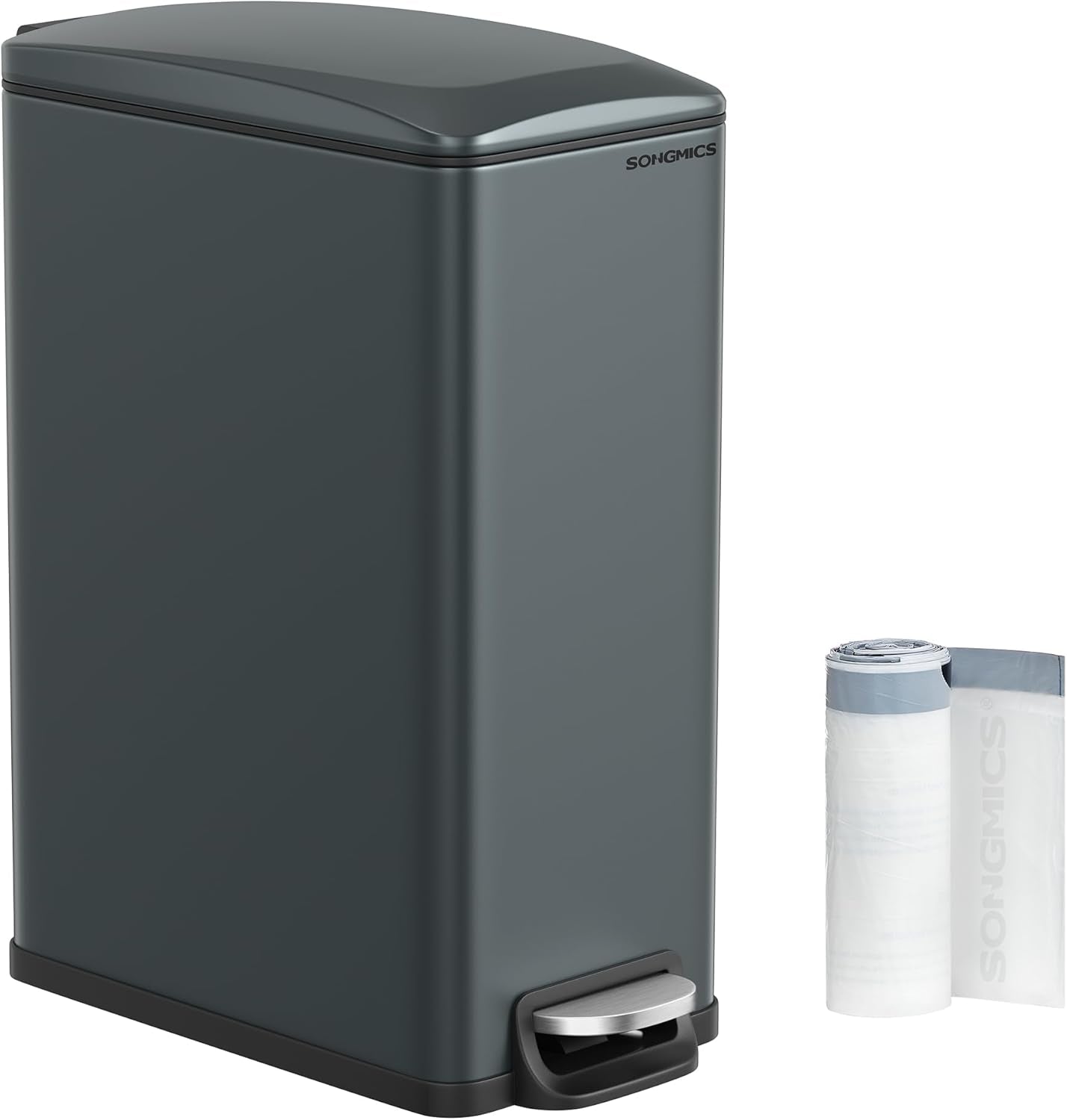 Slim Trash Can, 13-Gallon (50 L) Garbage Can for Narrow Spaces with Soft-Close Lid, Inner Bucket, and Step-On Pedal, Stainless Steel, 15 Trash Bags Included, Silver ULTB510E48