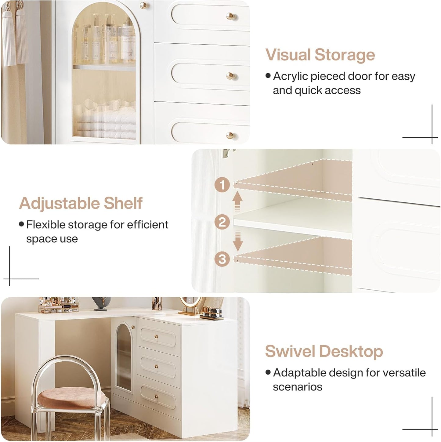 Corner Makeup Vanity Desk with 3 Drawers, 78" Modern L-Shaped Vanity Table with Reversible Cabinet, Extendable Dressing Table Combo with 1 Door for Women & Girls Bedroom (Without Mirror)