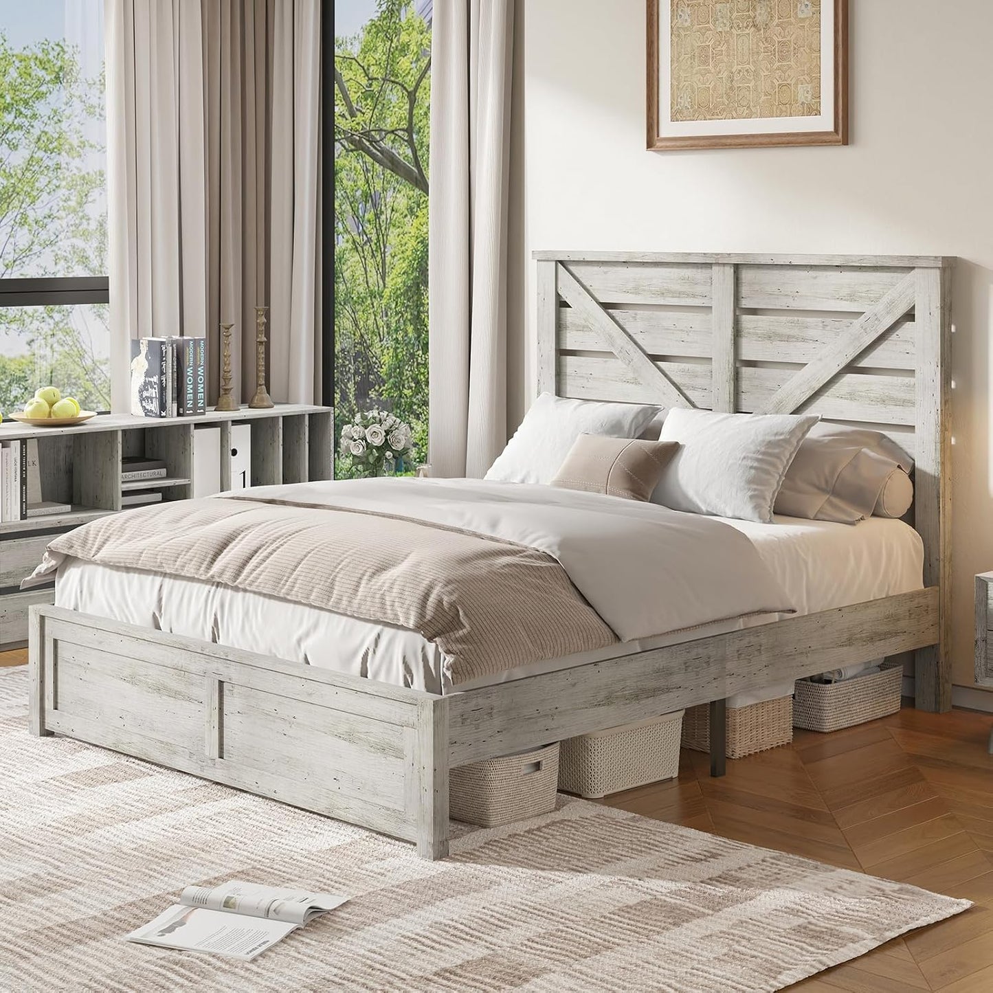 Queen Size Farmhouse Wooden Bed Frame, Platform Bed Frame with 49.2" Headboard/No Box Spring Needed/Noisy Free/Easy Assembly/Distressed White