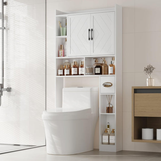 67.8" H over the Toilet Storage Cabinet with Adjustable Shelves & Toilet Paper Holder, Farmhouse over Toilet Bathroom Organizer, Double Door Toilet Cabinet for Bathroom, and Laundry, White