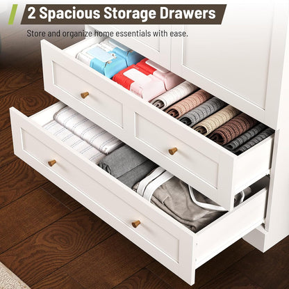 Armoire Wardrobe Closet with 2 Storage Drawers & 2 Door Cabinet, Bedroom Armoires with Full-Length Mirror, White Freestanding Wardrobe Combination with Hanging and Organizing Clothes for Home