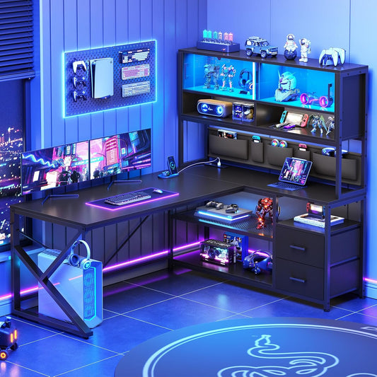 L Shaped Gaming Desk, Home Office Computer Desk with 2 Drawer and Bookshelf, L Shaped Gaming Desk with LED Light, Glass Cabinet and Storage Bag, Corner Desk with Storage Shelves, Black