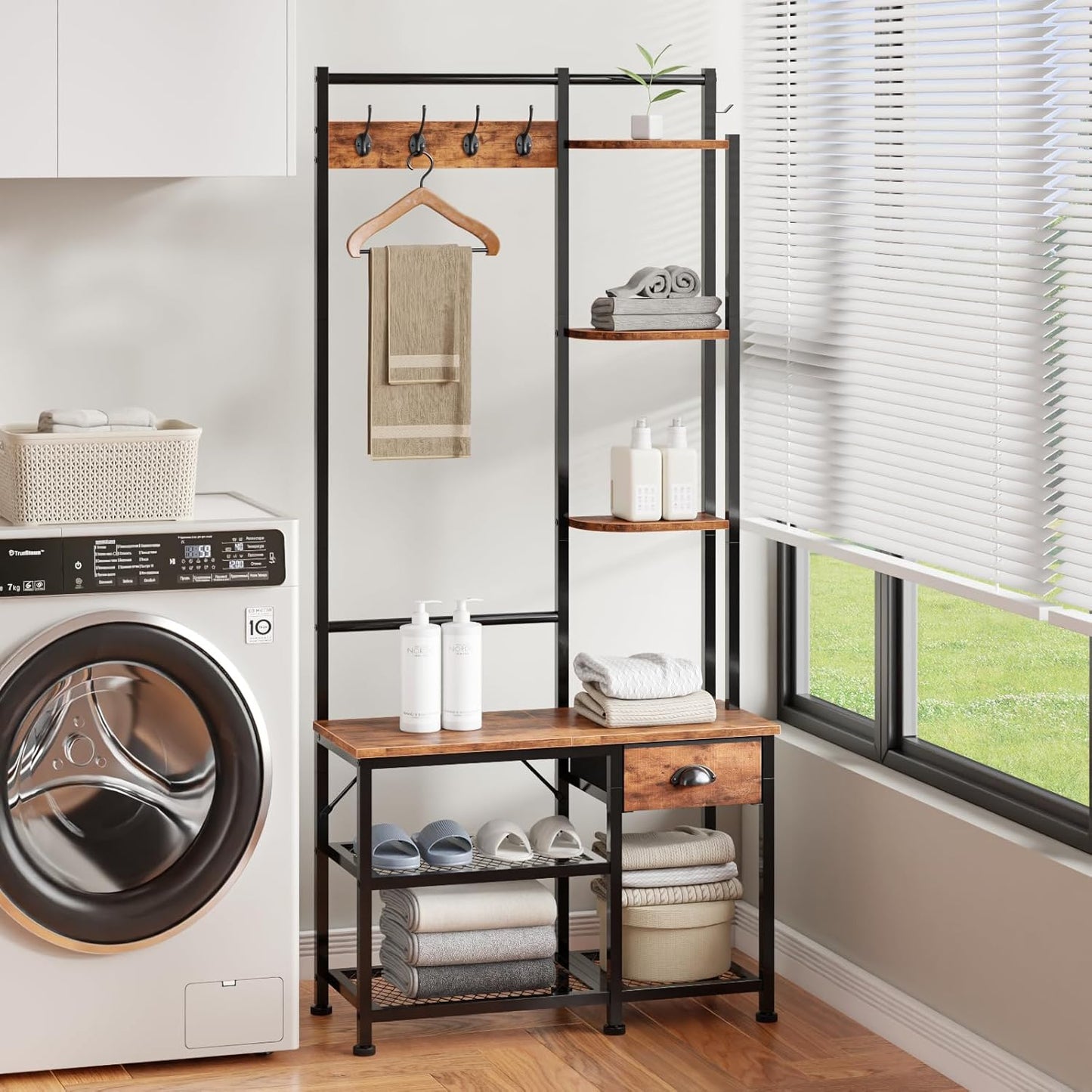 Coat Rack, Hall Tree with Bench and Shoe Storage, 4 in 1 Entryway Bench, Coat Rack with 3 Shelves and Drawer, Entryway Organizer with 5 Hooks for Hanging, Rustic Brown