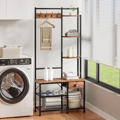 Coat Rack, Hall Tree with Bench and Shoe Storage, 4 in 1 Entryway Bench, Coat Rack with 3 Shelves and Drawer, Entryway Organizer with 5 Hooks for Hanging, Rustic Brown