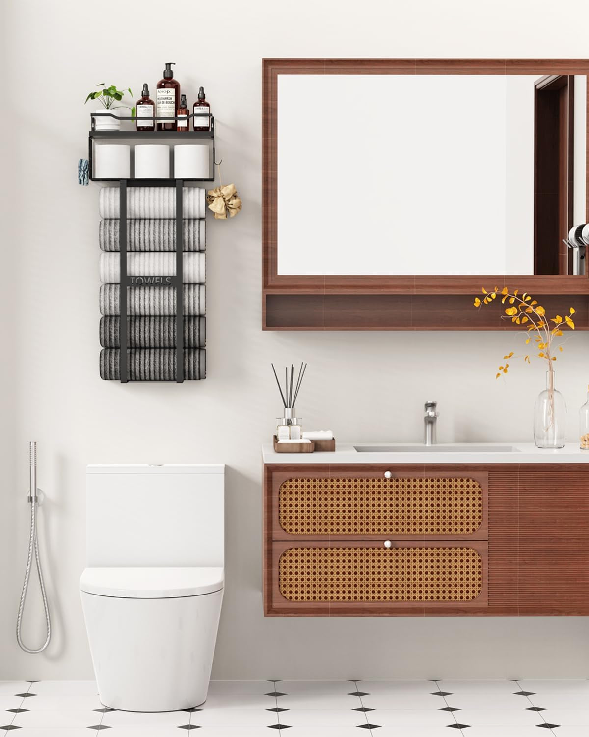 Towel Racks for Bathroom 31Inch Wall Mounted Towel Rack,Floating Shelf with Wood Plank,Towel Storage for Bathroom Can Holds 6 Large Rolled Towels,All Black