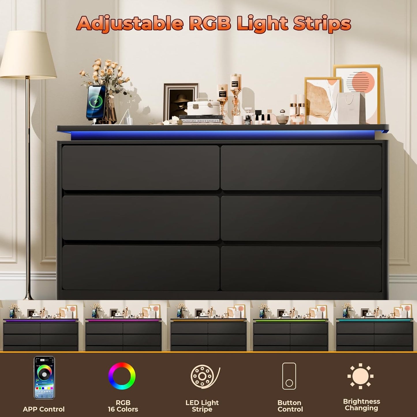 6 Drawer Black Dresser for Bedroom, 47.2" Long Chest of Drawers with Charging Station & LED Lights, Double Wooden Storage Cabinet for Closet,Modern Dresser TV Stand with Deep Drawers