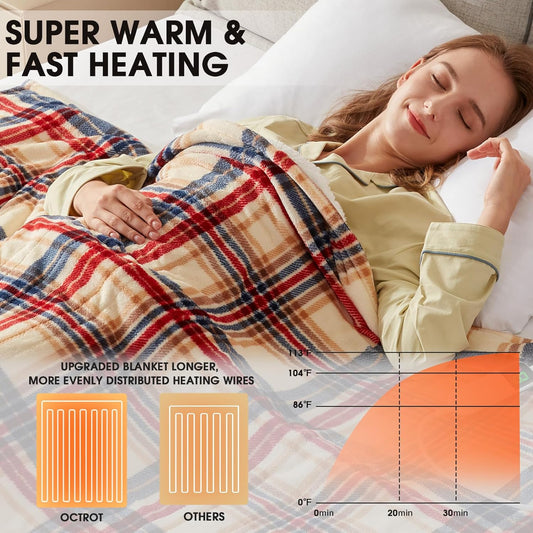 Heated Blanket Electric Throw, 50X60, Heating Throw with 10 Heating Levels & 8 Hours Auto Off, Plaid Checkered Sherpa Blanket Warmer for Adults, Farmhouse Home Decor for Couch Bed Office Gifts for Mom