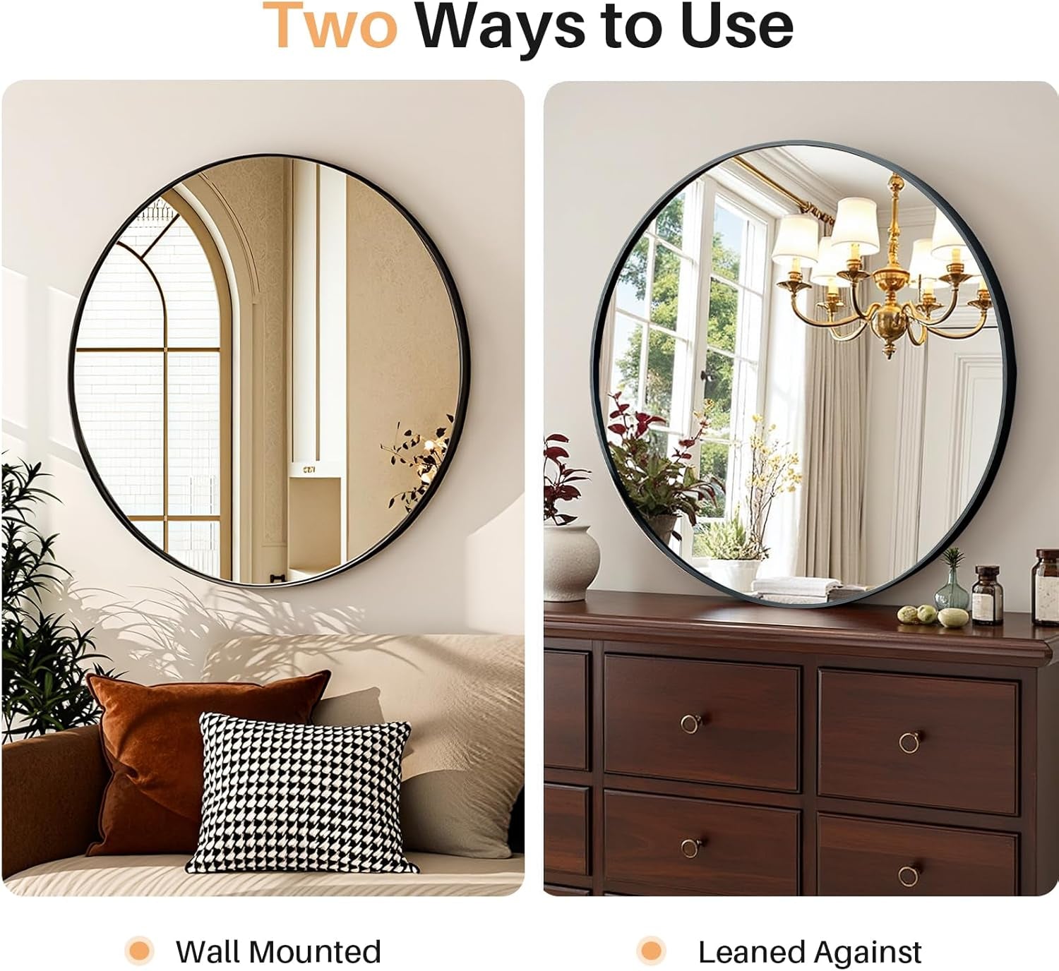 Bathroom Mirror for Wall, 24 Inch round Mirror, Matte Black Metal Framed Circle Vanity Mirror for Bathroom Bedroom Living Room Entryway, Anti-Rust, Tempered Glass, Hanging or Leaning