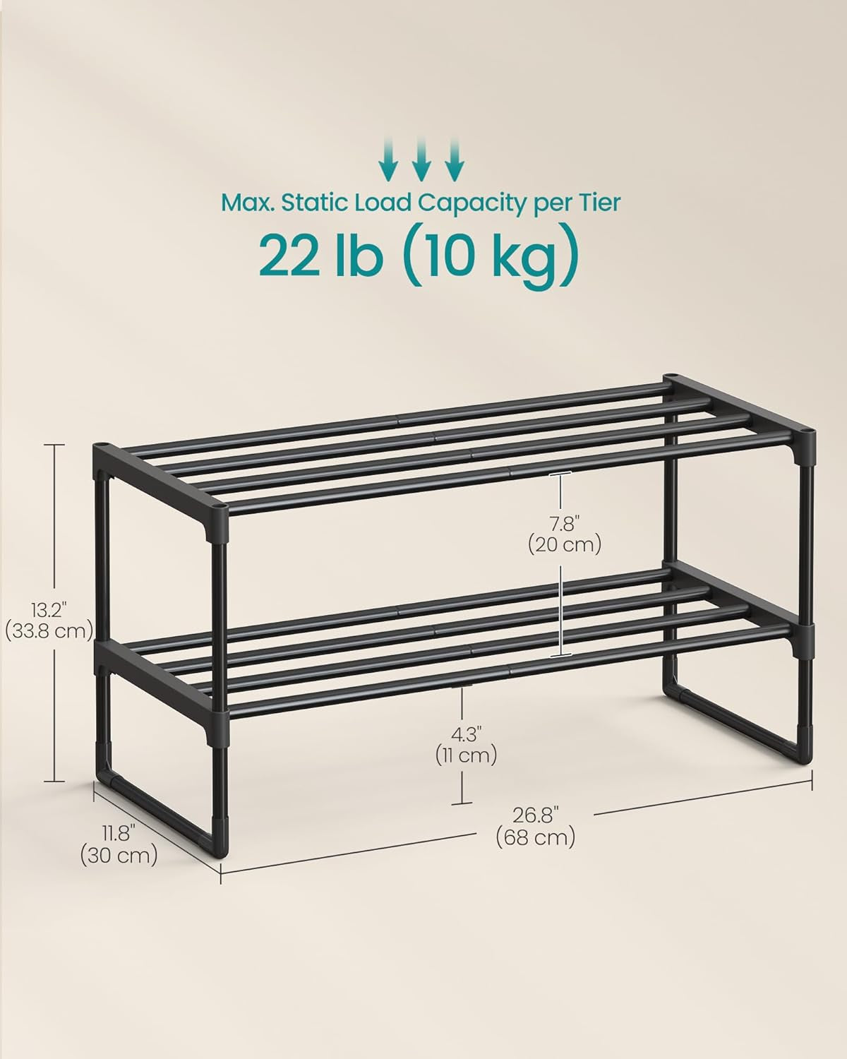 Shoe Rack, 2-Tier Shoe Organizer, Metal Storage Shelf, Upright or Upside Down, for 6-9 Pairs, Stackable, for Entryway, 11.8 X 26.8 X 13.2 Inches, Black ULSA202B01