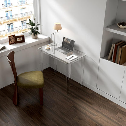 Small Acrylic Computer Desk, 35.4 Inch, Clear Study Desk for Home Office, Writing, Vanity, Modern, Easy Assembly, 19.7" W X 29.5" H, Right-Angle Legs Design