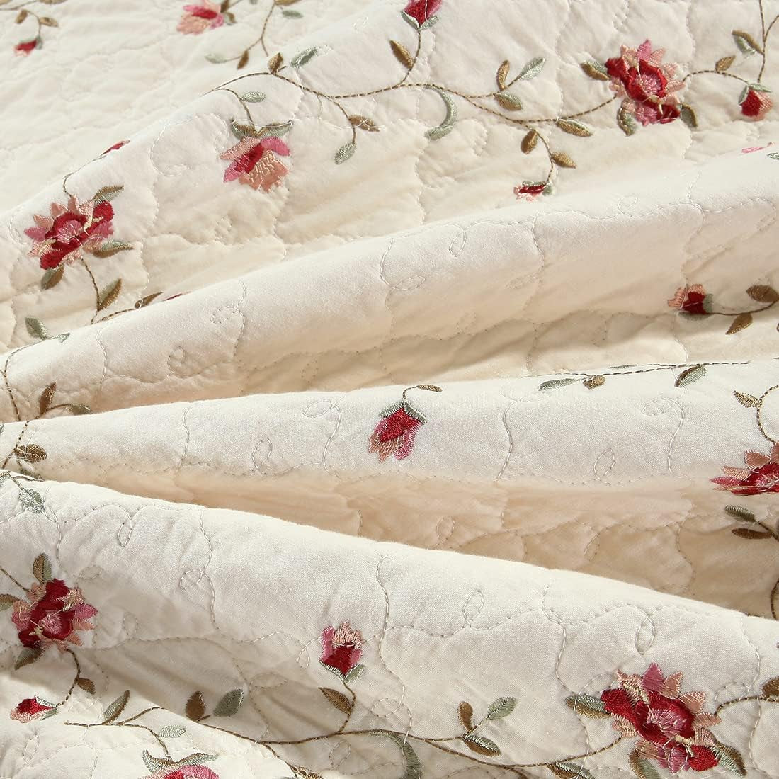 2-Piece Elegant Floral Embroidered Pillow Shams King Size 100% Cotton Quilted Decorative Pillow Shams Set (Cream,20"X36")