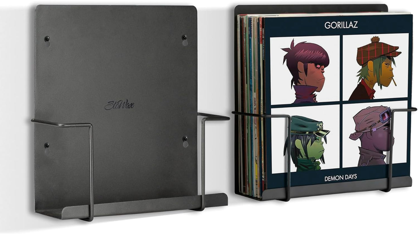 Vinyl Storage Display Holder (2Pk) - Wall Mount Record Shelf - Matte Black, Fits 30 Lps, Minimalist Steel Shelves, Frame Album Art