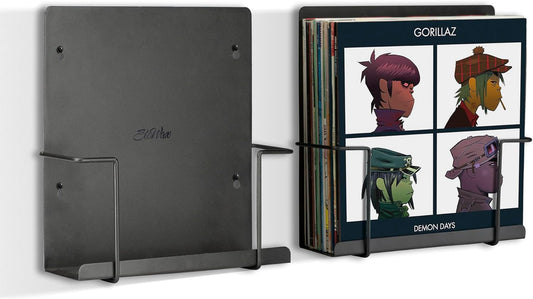 Vinyl Storage Display Holder (2Pk) - Wall Mount Record Shelf - Matte Black, Fits 30 Lps, Minimalist Steel Shelves, Frame Album Art