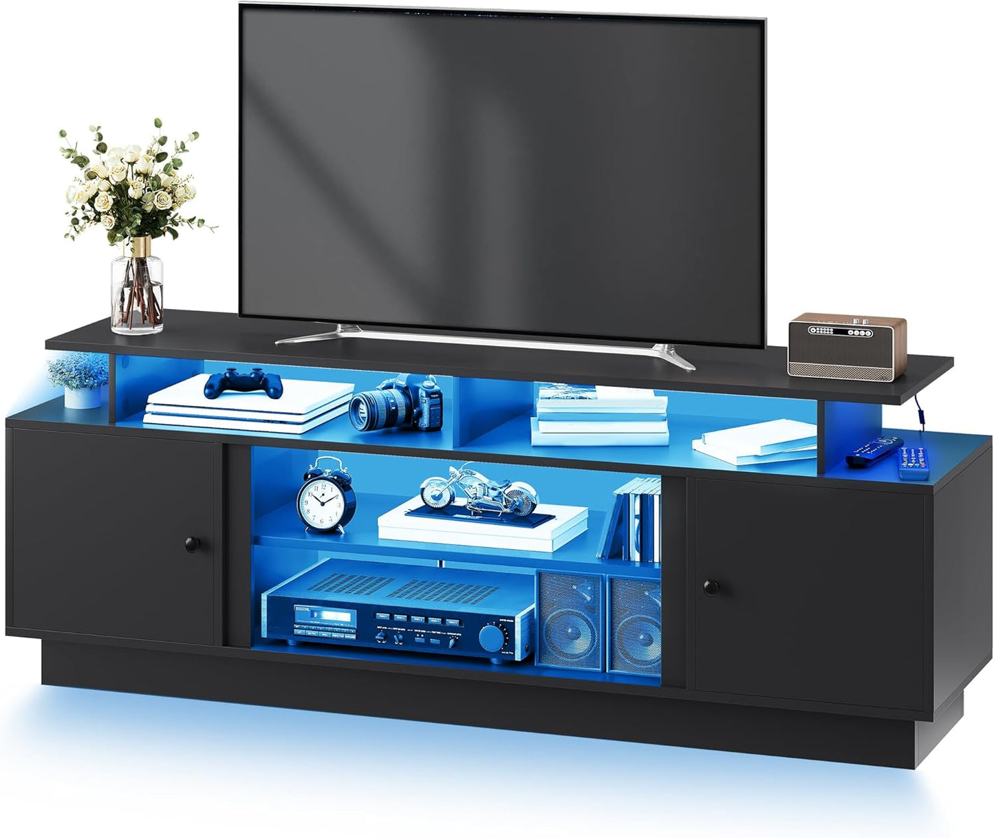Modern TV Stand for 65/75 Inch Tvs, Entertainment Center with LED Lights, TV Shelf with Storage Cabinets & Movable Partition, TV Console for Living Room, Black