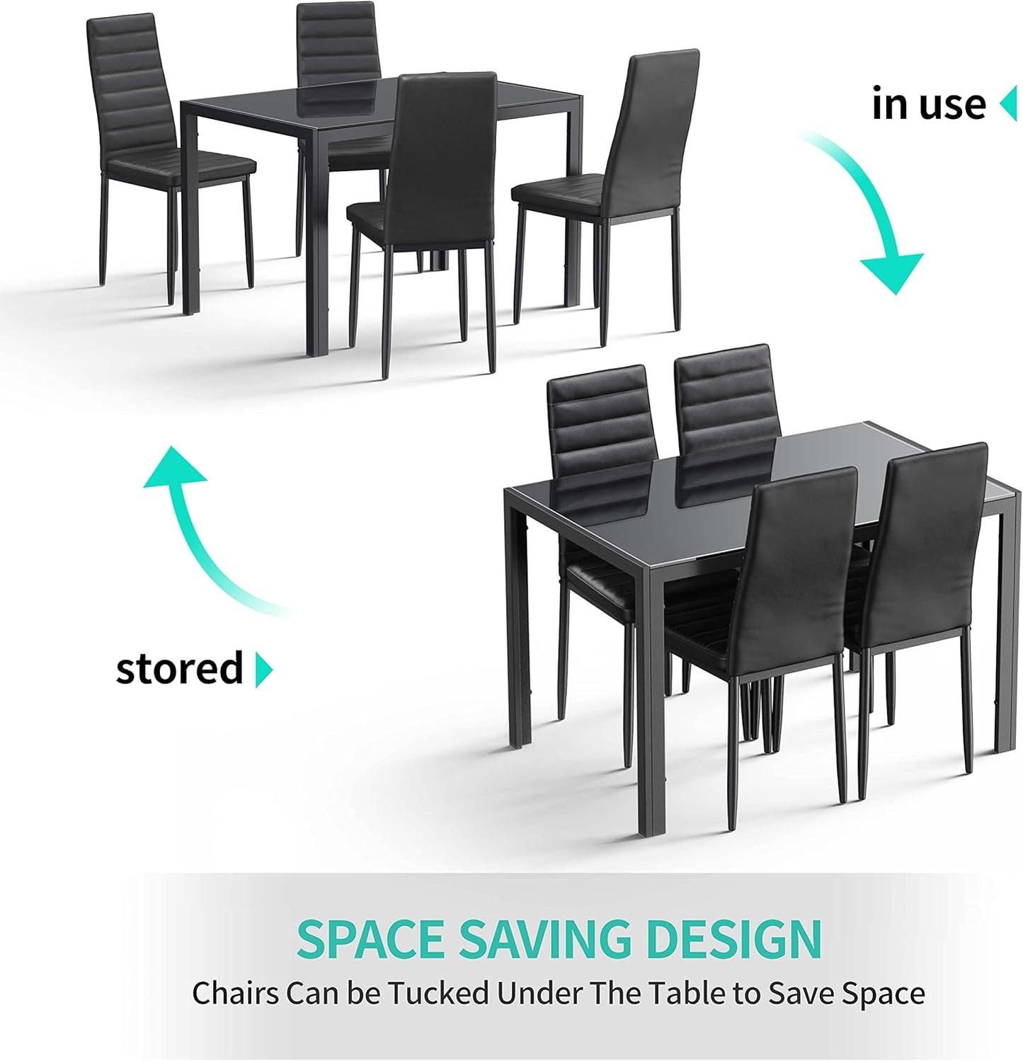5 Piece Glass Dining Table Set, Kitchen and Chairs for 4, PU Leather Modern Room Sets for Home, Kitchen, Living Room