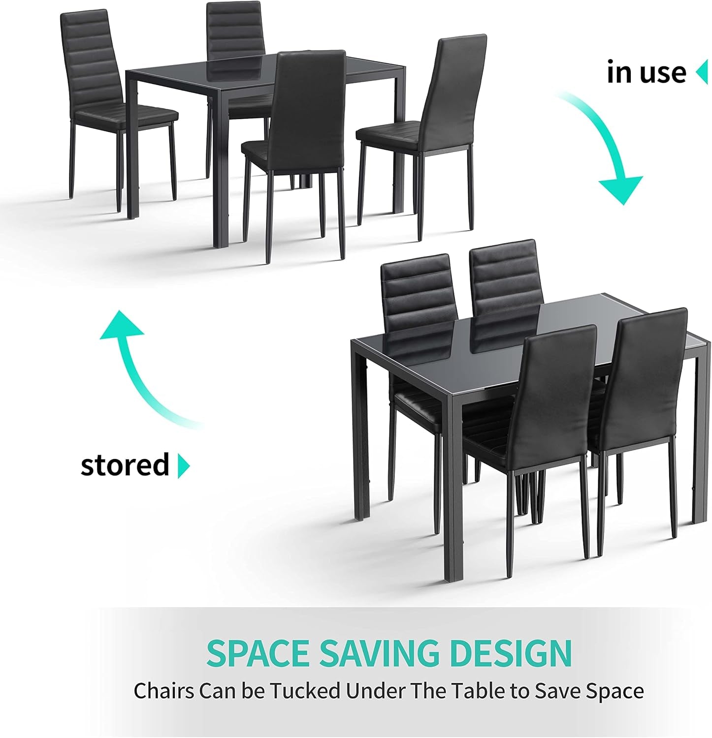 5 Piece Glass Dining Table Set, Kitchen and Chairs for 4, PU Leather Modern Room Sets for Home, Kitchen, Living Room