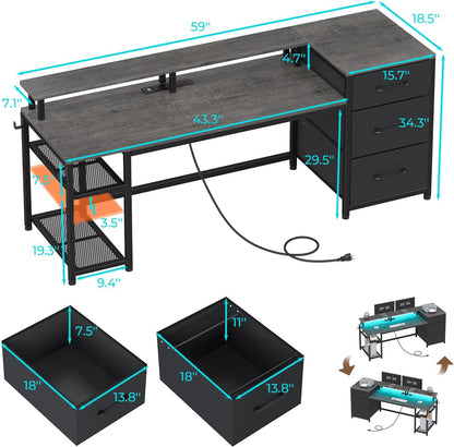 59" Office Desk with File Drawers, Reversible Computer Gaming Desk with Storage, LED Lights & Power Outlet, Home Office Desks for Printer, Grey