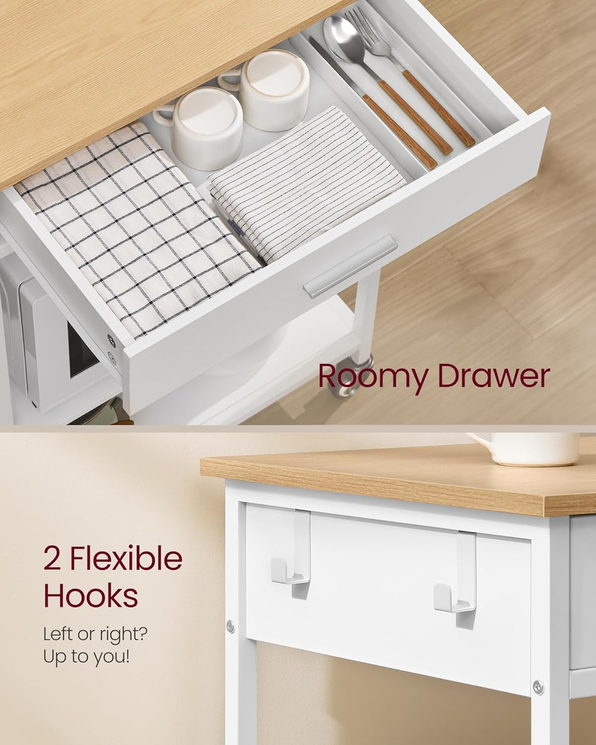 Kitchen Rolling Island, Mobile Kitchen Cart with Storage on Wheels, 17.7 X 23.6 X 35.4 Inches, Drawer, 2 Hooks, for Dining Room, Oak Beige and Matte White UKKI007Y01