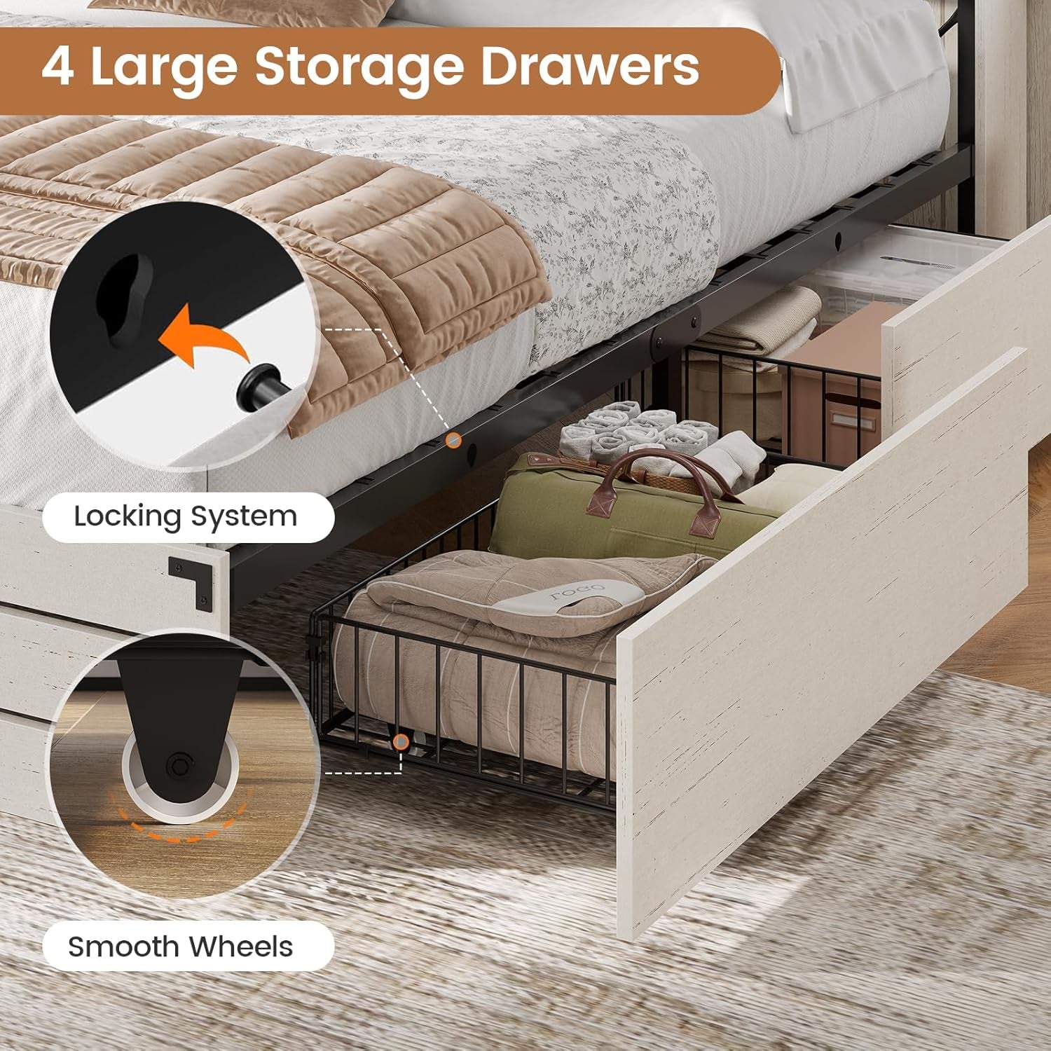 Wooden Bed Frame Queen Size with Bookcase Headboard and Sliding Barn Door, Farmhouse Queen Bed Frame with Charging Station, LED Lights and 4 Storage Drawers, No Box Spring Needed, White