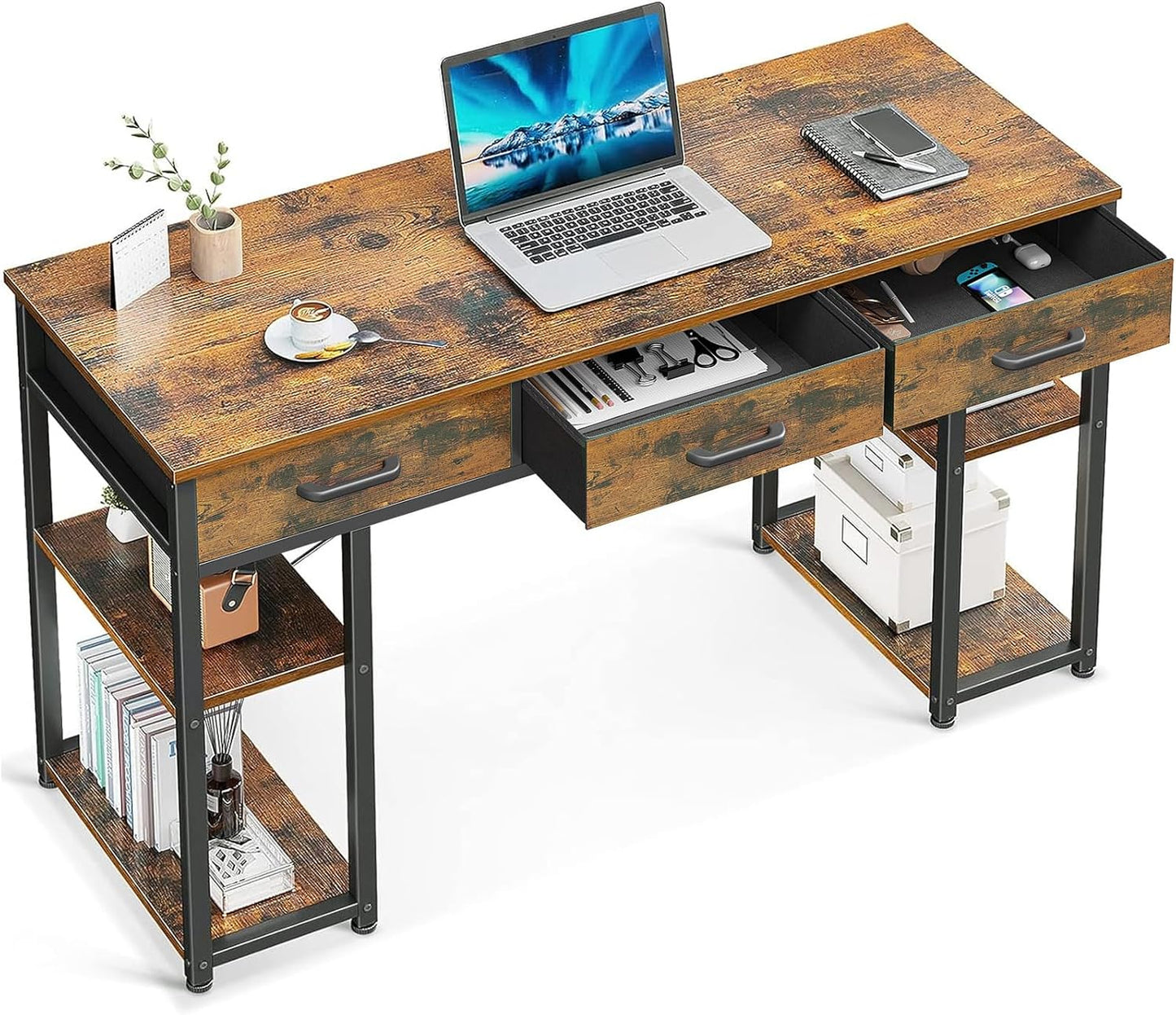 Office Small Computer Desk: Home Table with Fabric Drawers & Storage Shelves, Modern Writing Desk, Vintage, 48"X16"