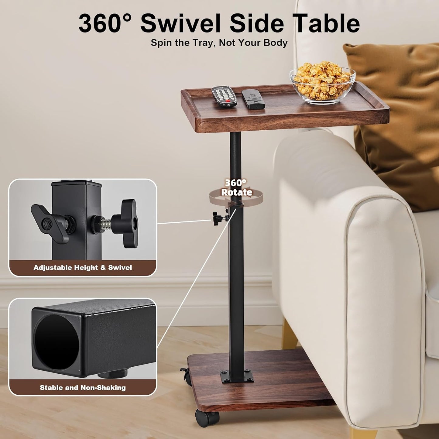 TV Tray Table Sofa Side Table Adjustable Height, 360°Swivel Couch Table for Small Spaces, C Shaped End Tables Living Room and Bedroom for Sofa, Bed, Chair, Snack, Living Room (Walnut Brown)