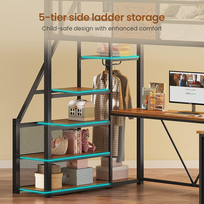 Stairway Twin Size Loft Bed with L Shaped Desk and Wardrobe, Metal Loft Bed Frame with Storage Stairs, 3 Fabric Drawers, LED Lights & Charging Sation, Rustic Brown