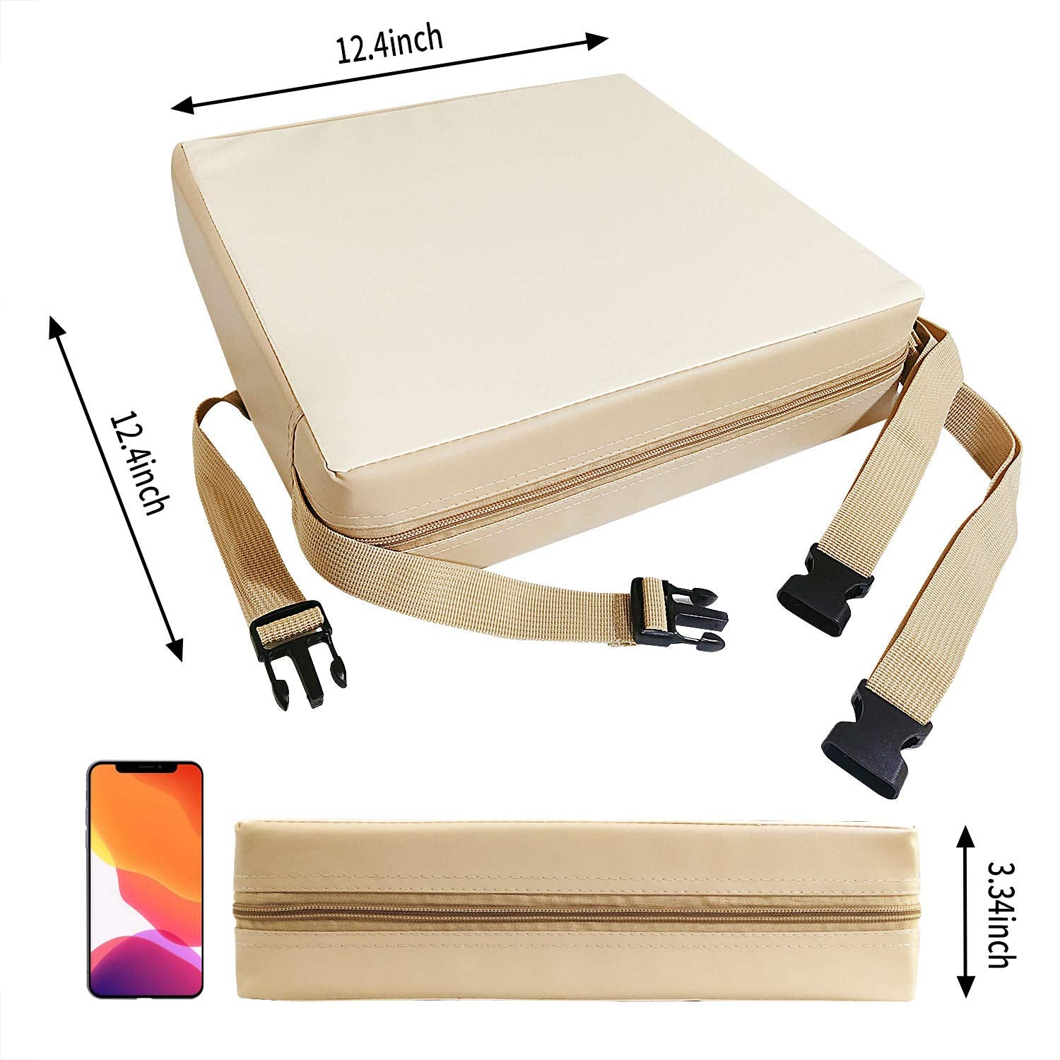 Toddler Booster Seat Dining, Washable 2 Straps Safety Buckle Kids Booster Seat for Dining Table, Portable Travel Increasing Cushion (Beige-Pu)