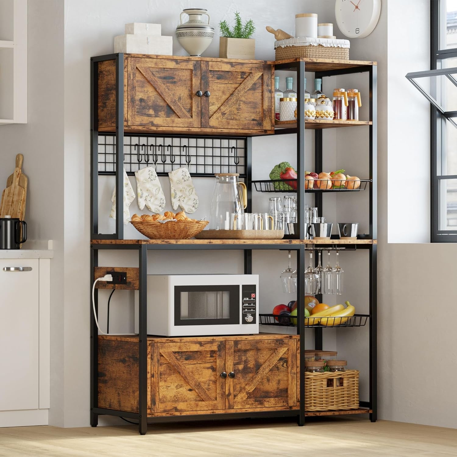 Bakers Rack with 2 Storage Cabinets and Power Outlet, 45.3 Inch Industrial Coffee Bar Cabinet Shelves, Kitchen Microwave Stand with Storage, Vintage Brown
