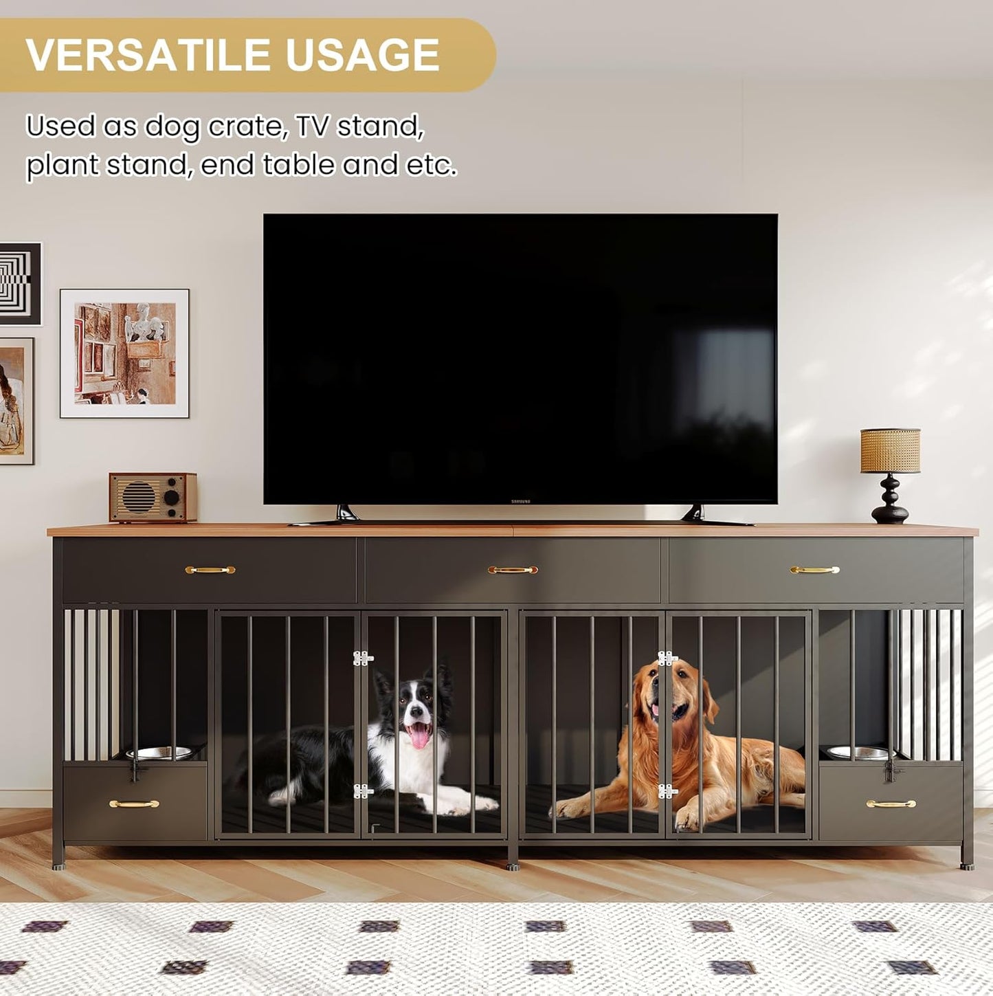 Large Dog Crate Furniture with Feeder, 91.5" Wooden Dog Kennel Furniture with 3 Drawer and Dog Bowls, Double Dog Crate TV Stand Table for Small Medium Large Dogs, Black