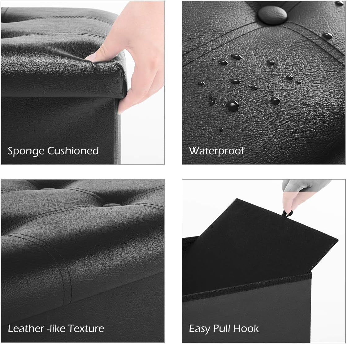 Folding Storage Ottoman Bench, Faux Leather Footrest Couch for Living Room, 30 Inch Storage Bench with Padded Seat for Bedroom Hallway, Holds up to 350Lbs, Black