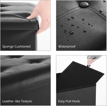 Folding Storage Ottoman Bench, Faux Leather Footrest Couch for Living Room, 30 Inch Storage Bench with Padded Seat for Bedroom Hallway, Holds up to 350Lbs, Black
