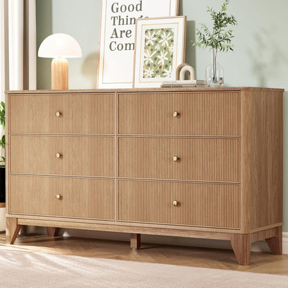 Fluted 6 Drawers Dresser, 54" Wide Modern Chest of Drawers with round Corners, Wooden Dresser TV Stand, Wood Drawer Organizer for Bedroom, Living Room, Hallway