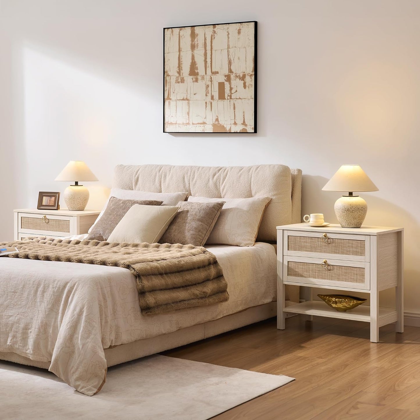 Boho Rattan Nightstand Set of 2, 26.7" Extra Wide Bedside Table with 2 Drawers & Open Shelf, White Oak Large Side Table for King Size Bed, Modern Coastal End Table for Master Bedroom